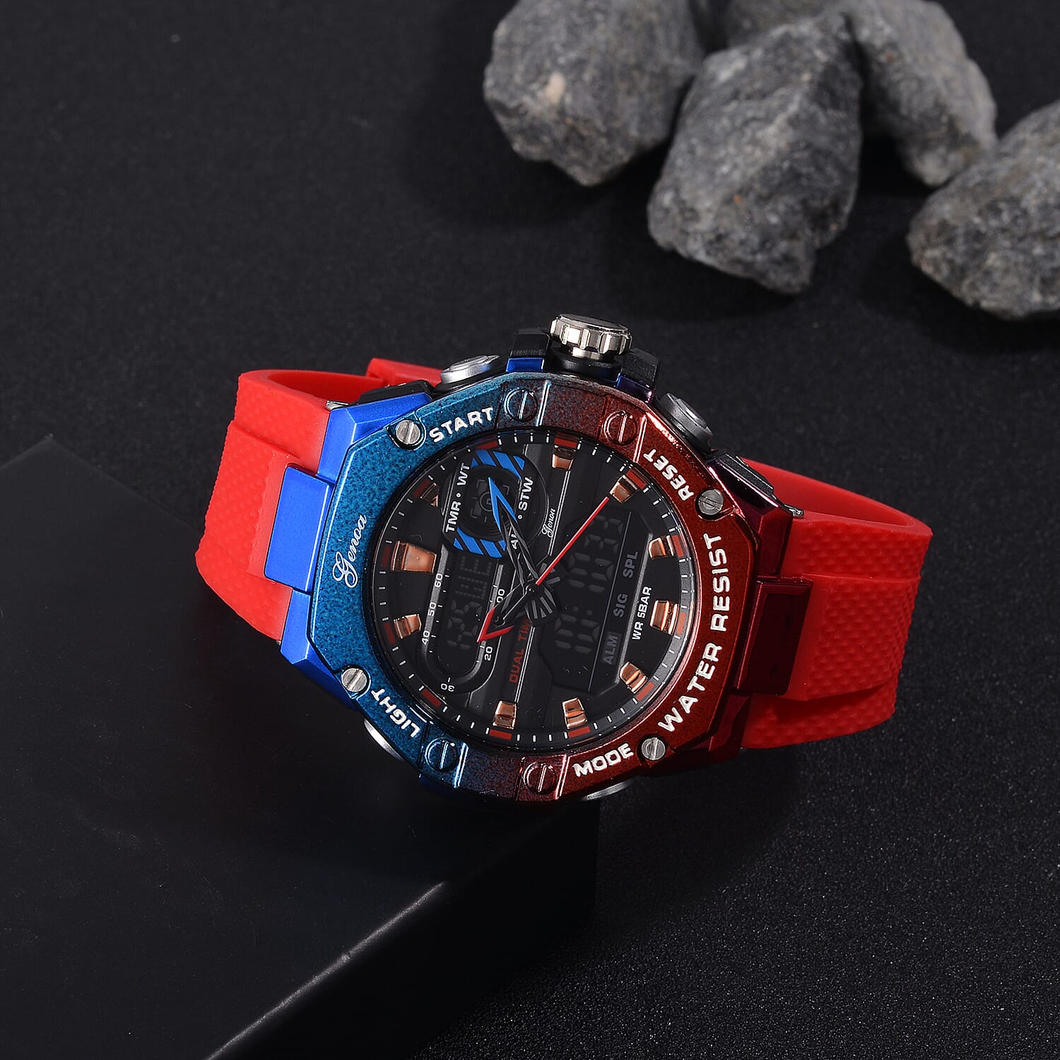 GENOA TIME V2 Japan Movt. 5ATM Water Resistant Black Dial Mens Watch with Red & Blue Tone TPU Strap
